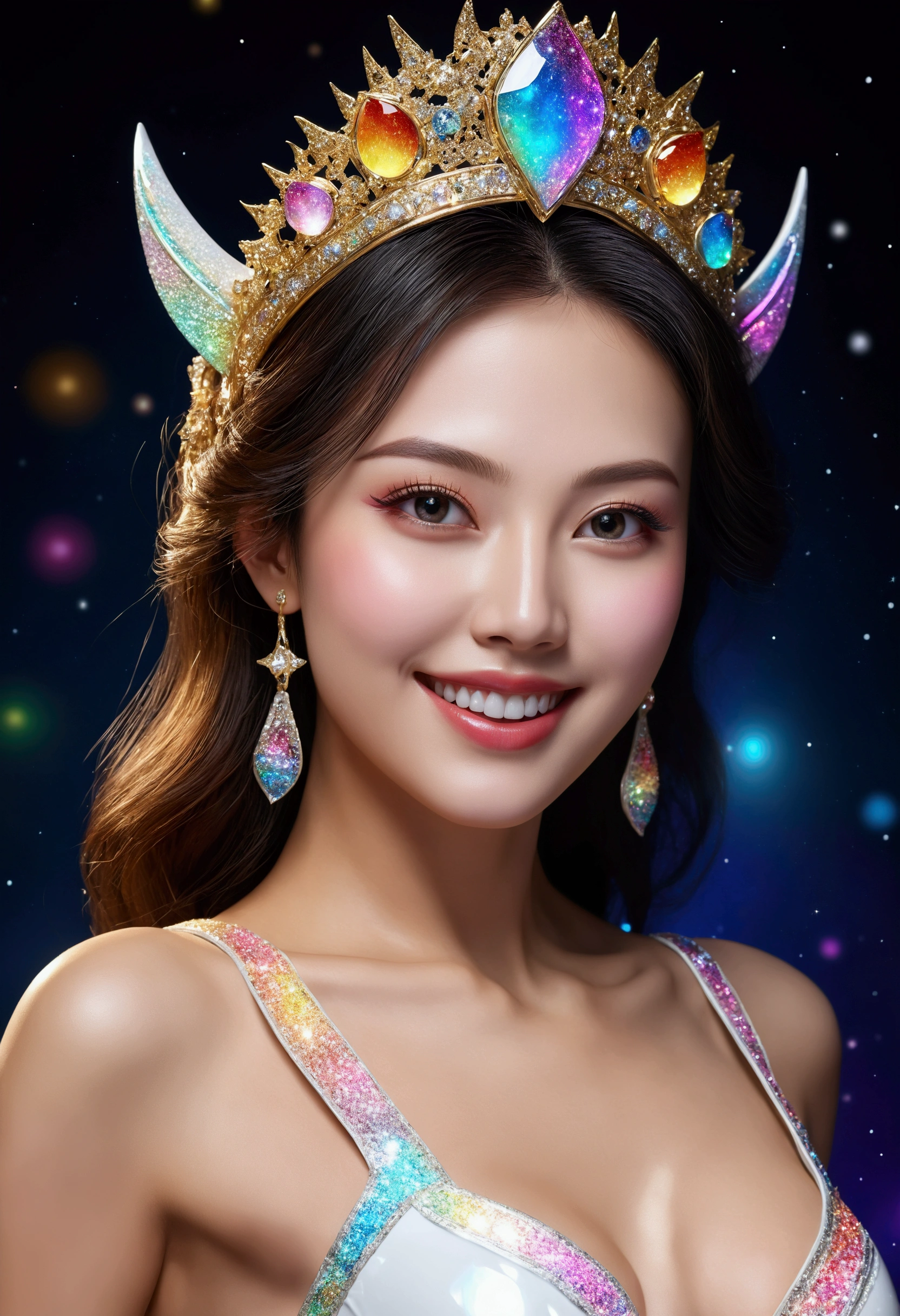 super realistic detailed face and the most beautiful eyes and realistic white teeth of a goddess of beauty, a super beautiful woman wearing a sexy white and iridescent tight dress, she wears colorful sparkling high heels, a masterpiece of a passionate beauty, she has a very charming smile, sexy figure, the work is like Chang'e on the moon standing on the rainbow, realistic, focusing on the sexy body in detail, super sharp, super portrait, best quality, UHD, 18K