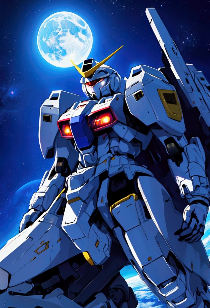 A pilot stands on the shoulder of his Gundam, praying in the moonlight, space scene, moonlit confession