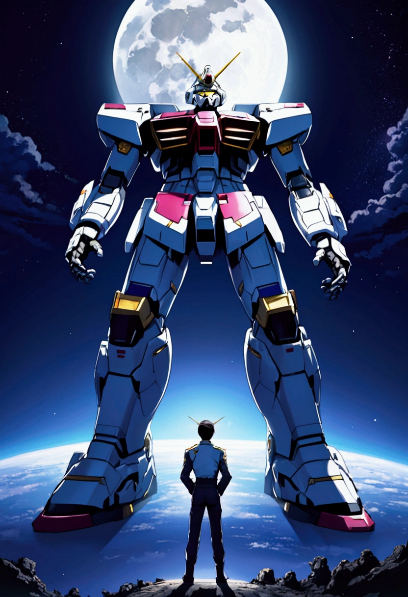 A pilot stands on the shoulder of his Gundam, praying in the moonlight, space scene, moonlit confession