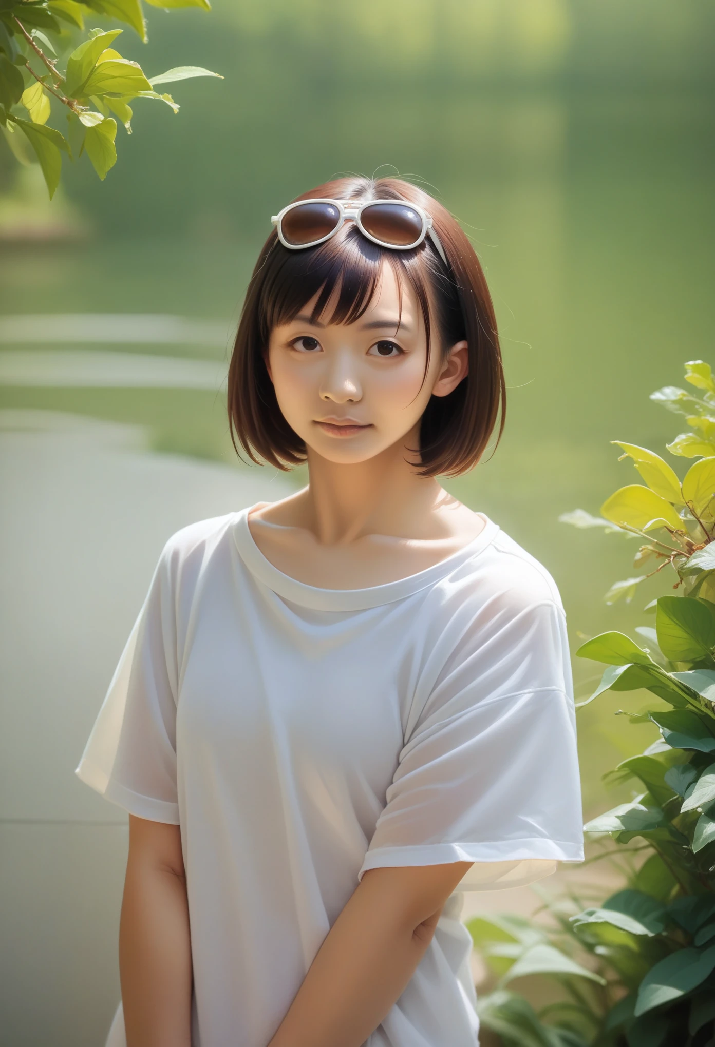 there is a woman that is standing near a tree with sunglasses on, a young asian woman, dilraba dilmurat, photo taken with canon 5d, young asian woman, xintong chen, with short hair, no watermark, lightroom preset, photo of young woman, no watermarks, young asian girl, shot on nikon z9, headshot profile picture