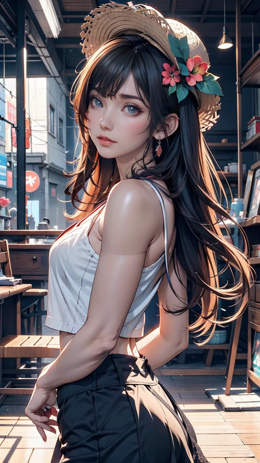 Anime girl with long black hair wearing a lace-decorated straw hat, Anime Style 4k, Beautiful anime portraits, Anime Moe Art Style, anime art wallpaper 4k, anime art wallpaper 4k, High quality anime art style, Anime style portrait, Gwaiz, artwork in the style of Gwaiz, Detailed digital anime art, Anime Art Wallpapers 8K, Cute Anime Girl Portrait、Sexy proportions、Narrow waist、Long eyelashes