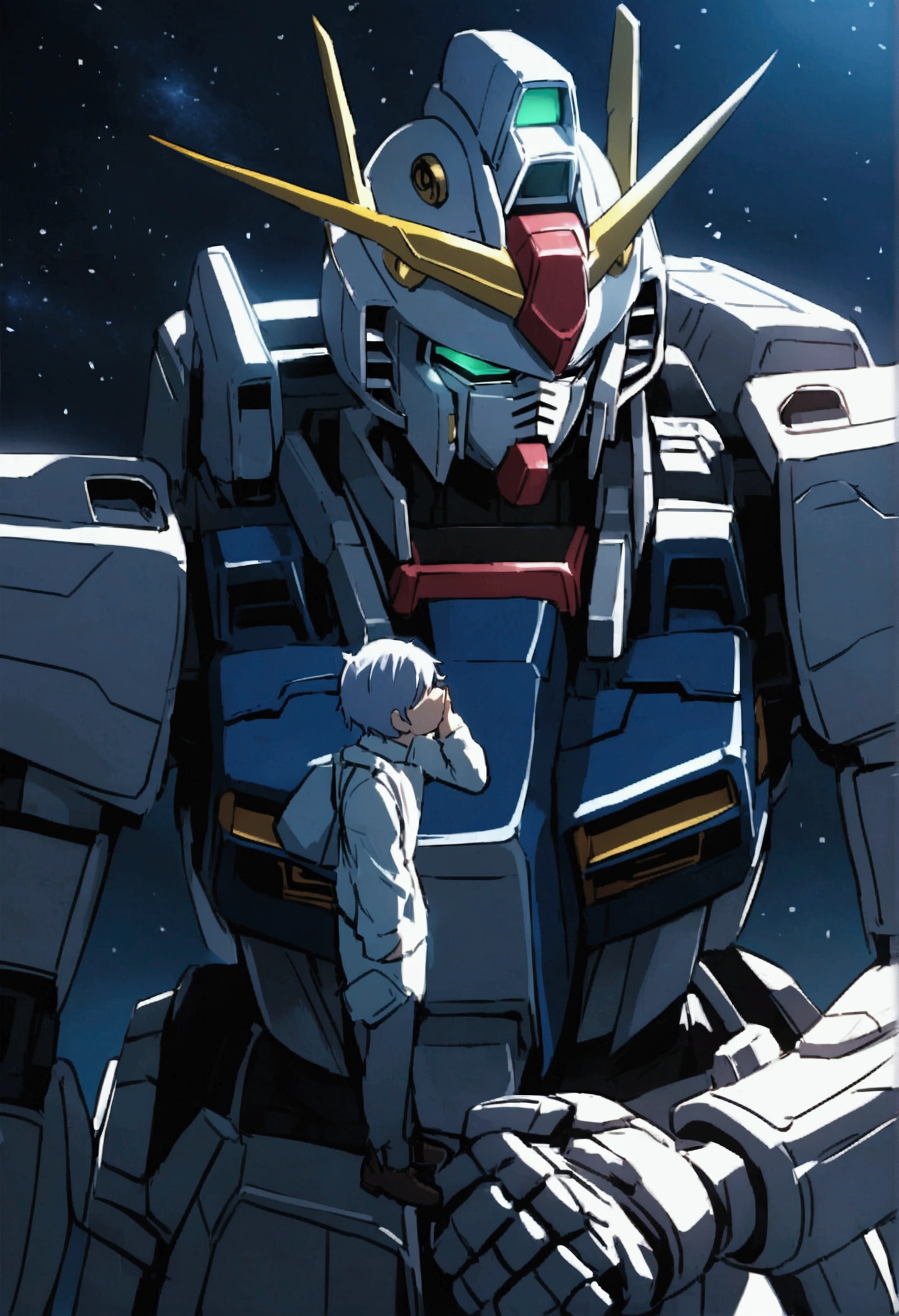 A pilot stands on the shoulder of his Gundam, praying in the moonlight, space scene, moonlit confession