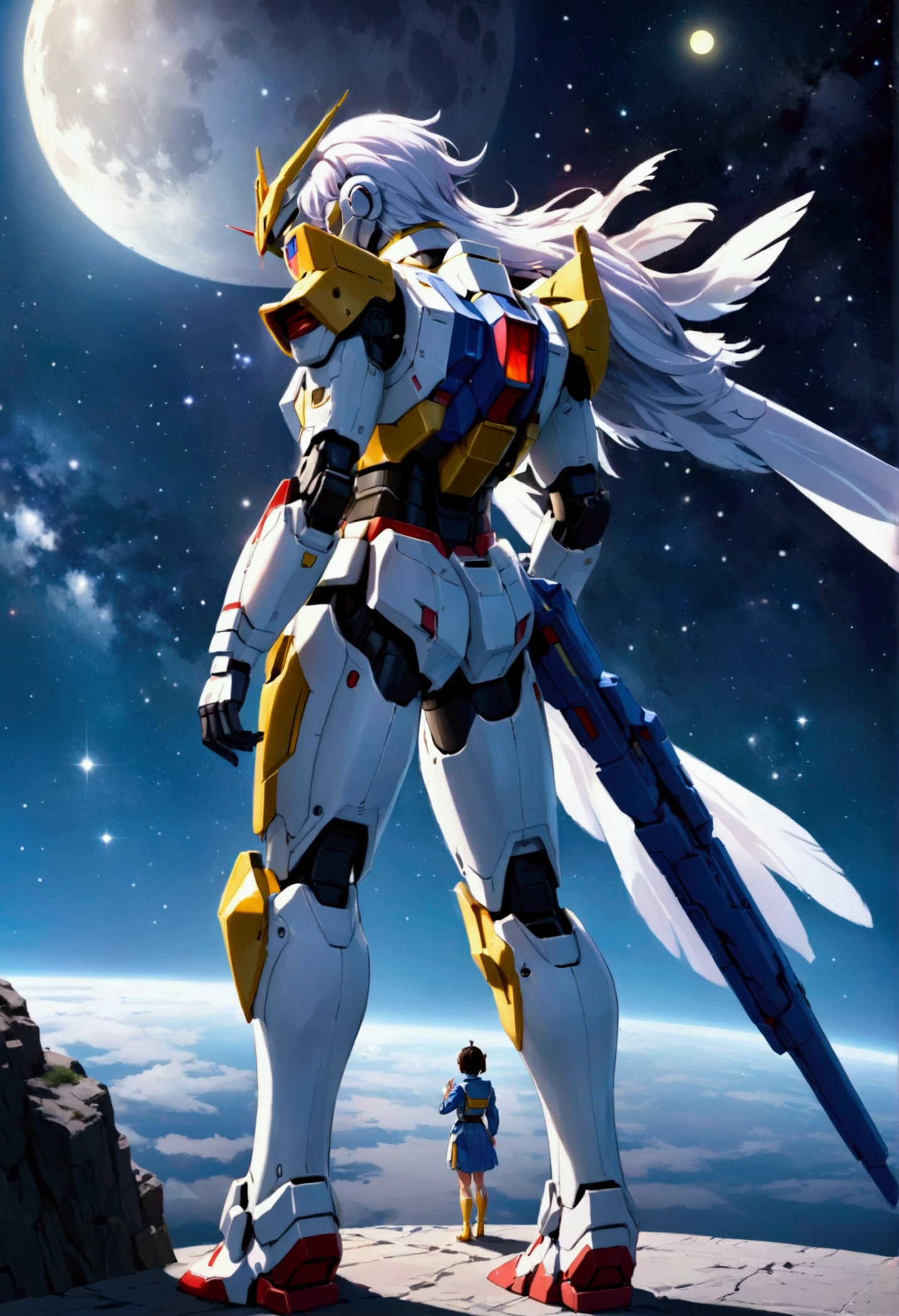 A pilot stands on the shoulder of his Gundam, praying in the moonlight, space scene, moonlit confession
