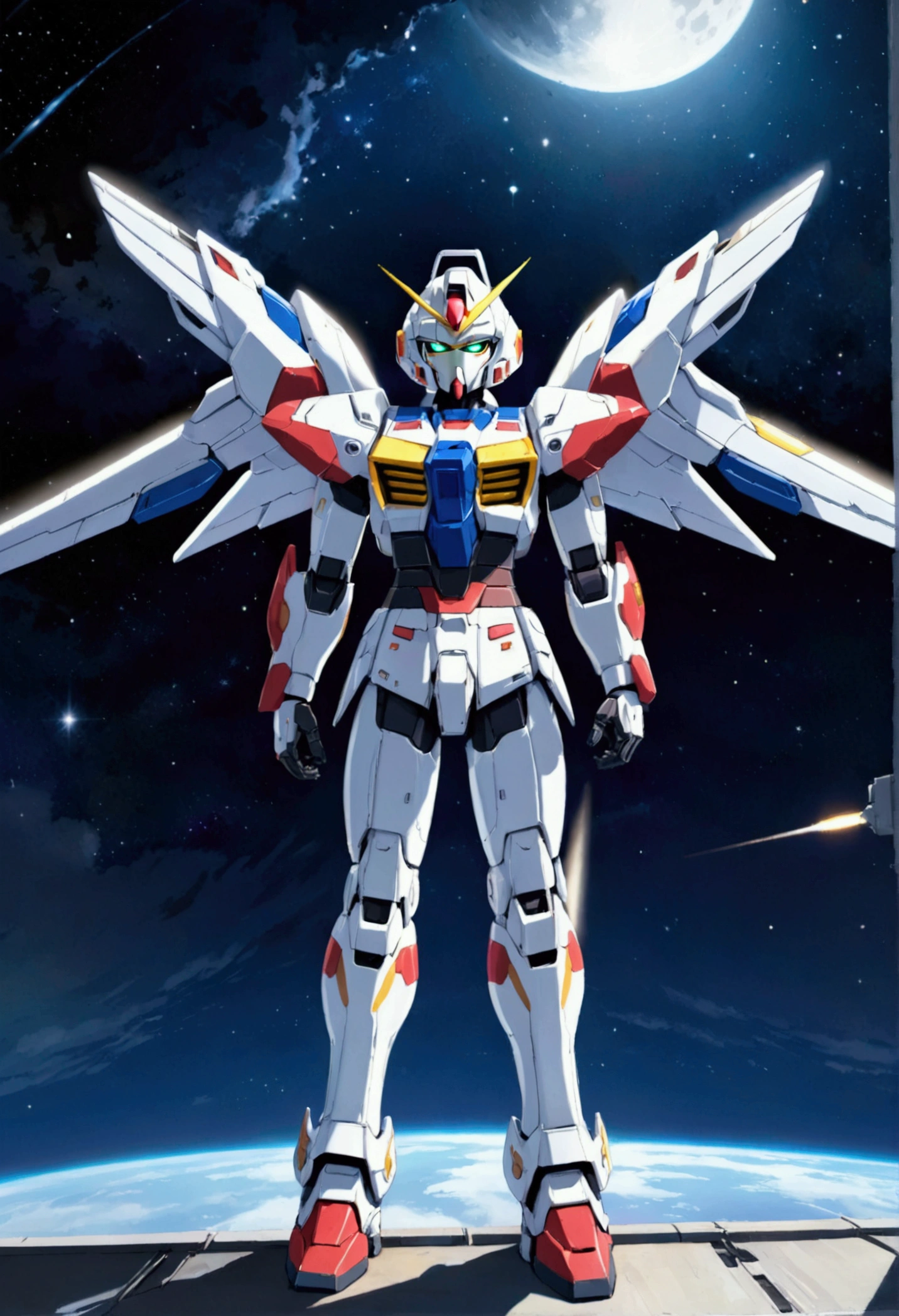 A pilot stands on the shoulder of his Gundam, praying in the moonlight, space scene, moonlit confession
