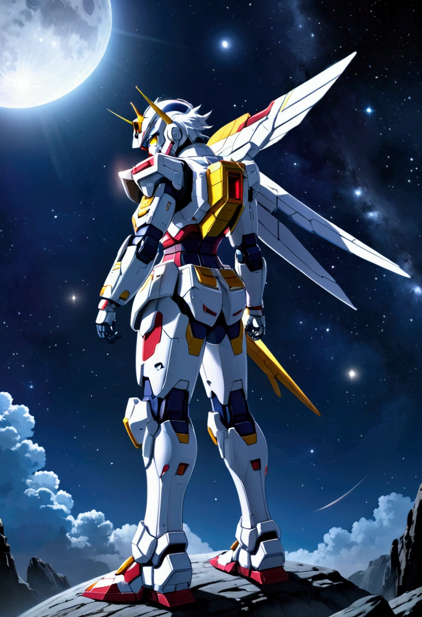A pilot stands on the shoulder of his Gundam, praying in the moonlight, space scene, moonlit confession
