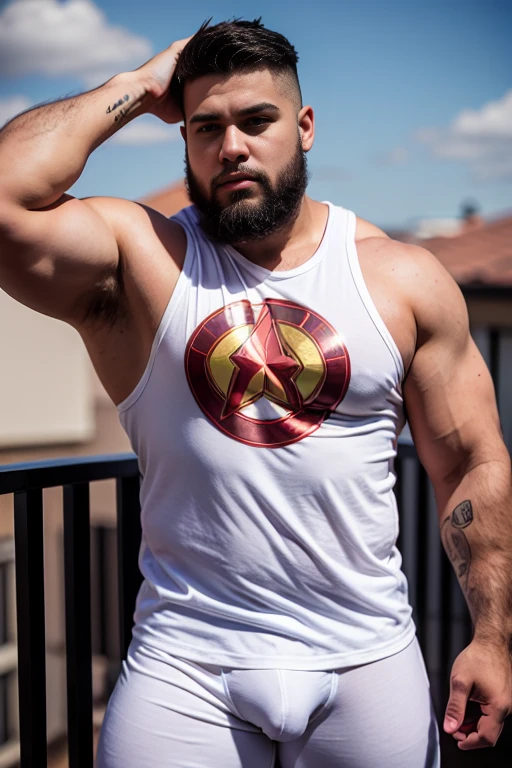 male, brunette, latino muscular, green eyes, Light skin, small beard, hunter eyes, latino in warm vibrant colors, tattoos, muscular, hairy body , 20 years old , a raised arm, brazos super muscular ,beefy fat , big super hairy body , chubby, Profile, Bear gay, chubby, male years, (((in tight white boxer ))), Red and Metallic Gold Avengers Logo Print Tank Top,above the house fashion cute pretty, gran nitidez, super nice , cuerpo completo claro, claridad, nitidez, ojos perfectos