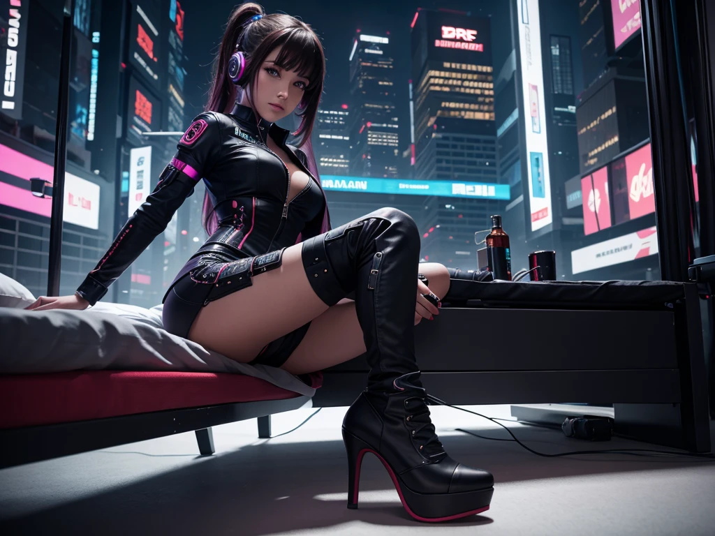 8k resolution, high detailed, A girl in a cyberpunk outfit and high heels on a bed listening to music