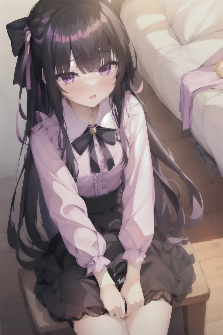 1girl,独奏,blush,long_hair,blush,bangs,skirt,shirt,black_hair,long_sleeves,bow,very_long_hair,purple_eyes,hair_bow,frills,puffy_sleeves,collared_shirt,black_skirt,bag,two_Side_up,dress_shirt,black_bow,depth_of_field,lace_trim,puffy_long_sleeves,pink_shirt,emphasis_lines,jiraikei_fashion,thighhighs,indoor,pussy_juice,Wet_panty,sexuell_climax,crotch_Rub,(table_humping:1.3),saliva,whole body, expensive_solve, clear_image, expensive_Contrast, 8k, Sparkling, beautiful_detailed_face_and_eye, (Black Hair:1.25), 白 eye,
