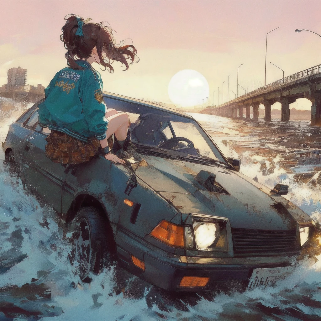 There&#39;s a woman in the back of a car in the water., Liam Wong, Alena Aenami and Android Jones, style of alena aenami, Spectacular retrowave art, Makoto Shinkai Cyril Rolland, Rob Ray and Kentaro Miura Style, 80s anime style,Art by Alena Aenami, inspired Liam Wong