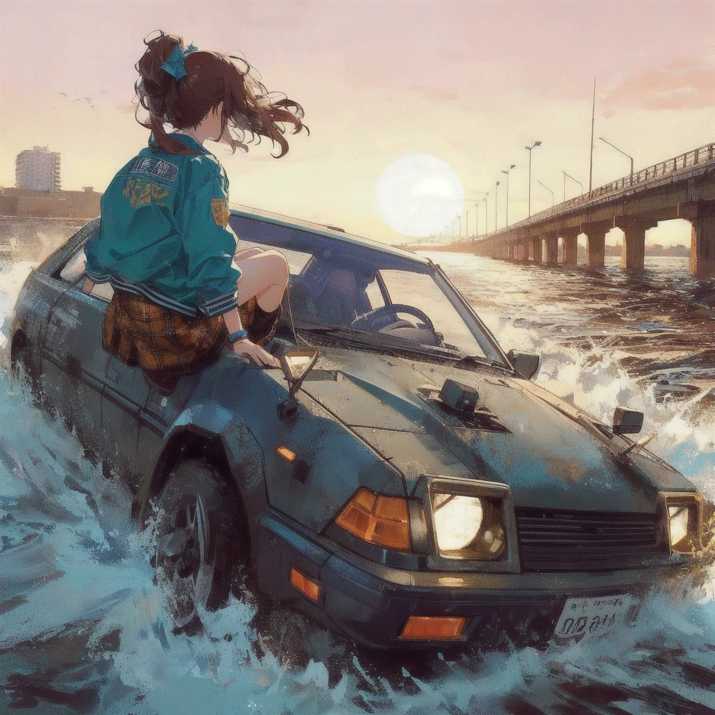 There&#39;s a woman in the back of a car in the water., Liam Wong, Alena Aenami and Android Jones, style of alena aenami, Spectacular retrowave art, Makoto Shinkai Cyril Rolland, Rob Ray and Kentaro Miura Style, 80s anime style,Art by Alena Aenami, inspired Liam Wong