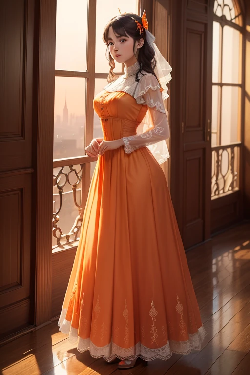 ((masterpiece)), (Highest quality), (Simple style), Sunset orange sheer dress, Butterfly Heart, Pleated lace, edwardian lace dress.