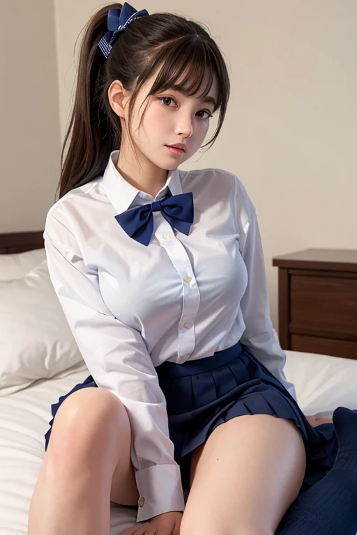 Real、Highest quality、cute、girl、high school student、ponytail、Brown Hair、Beautiful eyes、Beautiful Lips、Navy blue pleated skirt、White shirt、A bow tie、Navy blue socks、Slightly larger breasts、On the bed in the room、Sitting with legs together
