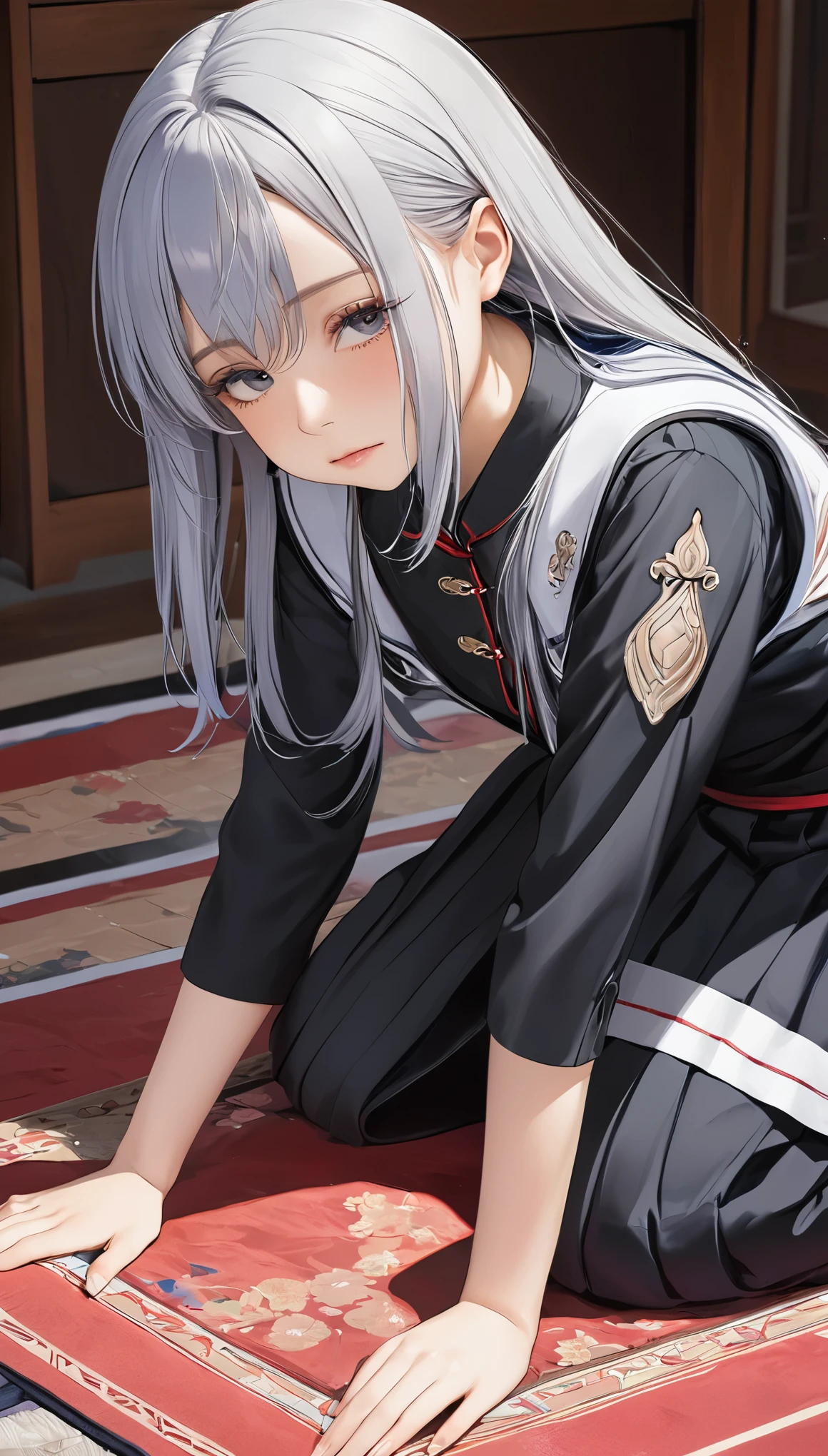 (masterpiece, Highest quality:1.2), One Girl, alone,Bony body、15 years old、Prostration、lower one&#39;s head、Prostration、From above、take a bow、seiza、On the floor、Rest your forehead on the floor