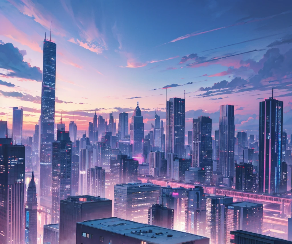 moody city scape. pink and blue sky