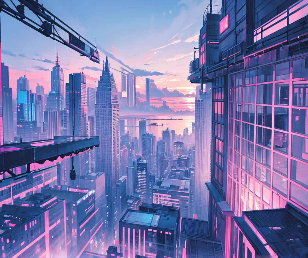moody city scape. pink and blue sky