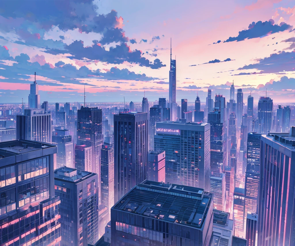 moody city scape. pink and blue sky
