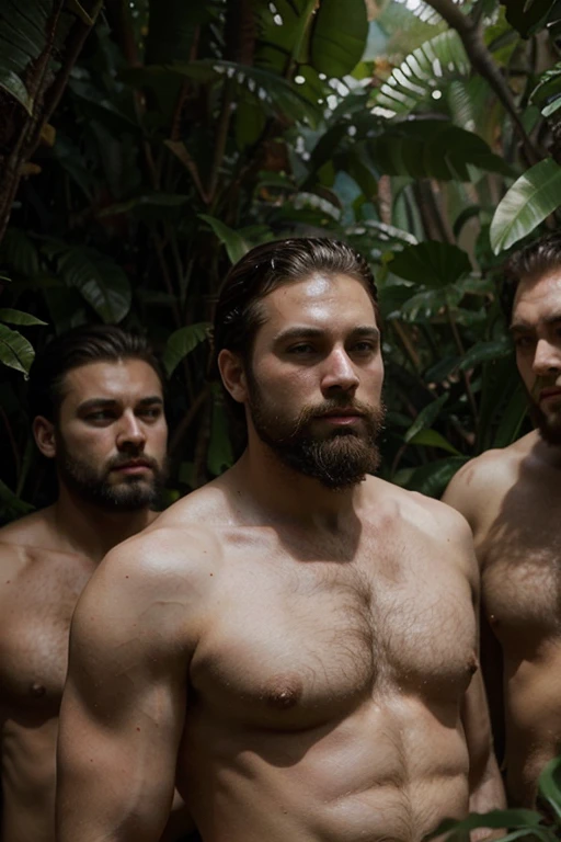 young cute handsome cute beautiful face white soft skin skinny short hair shirtless in a jungle abused three big man with beard