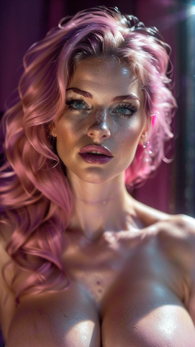 (((ultra realistic))) Photo, masterpiece, top quality, (Pale skin), (Ultra detailed face and eyes..:1.2), 1 girl, adult, ((naked, ((very heavy eye makeup, pink mascara)), ((labios falses detallados)), ((pink wavy fur)), ((stylish hairstyle)) , (({huge|gigantic|big|huge|Mega|false} old)), (Thin waist). ((escote muy big)), Photoshoot, (Suave) switched on, (The game of lights and shadows.), depth of field, bokeh, (Special attention to leather details..: 1.2), (Atención especial al tamaño de los old huges.: 1.2), (Special attention to the size of extra tight clothing..: 1.2), (special attention to ultra soft old: 1.2), detailed texture, skin pores, oily skin. (Erotic frame atmosphere... Color range: violet, rosa, Tons), DR, ((film grain)), ((Heavens)), (Glare), ((whole body)) , ultra detialed,