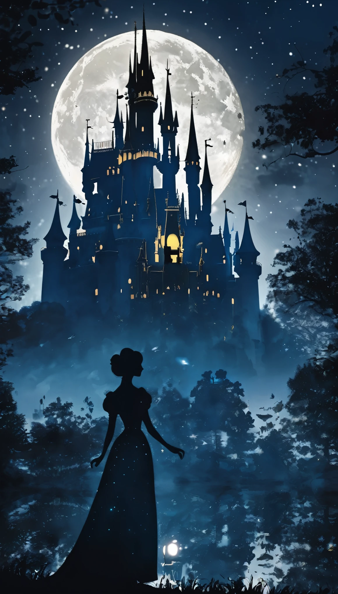 (8k, Highest quality, masterpiece)，Double Exposure, silhouette, one princess, One Knight, Face to face, Upper body close-up, Moonlit Night, Cinderella Castle, Outdoor, Confession in the moonlight