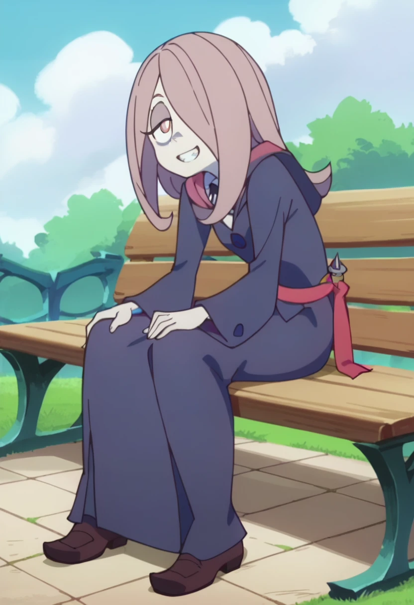 score_8_up, score_7_up, anime screencap, perfection, 1 girl, Sucy Manbavaran, solo, full body , sitting on bench, witch academy uniform, long skirt, smiling, teeth ,flat chest, outdoors, witch academy,