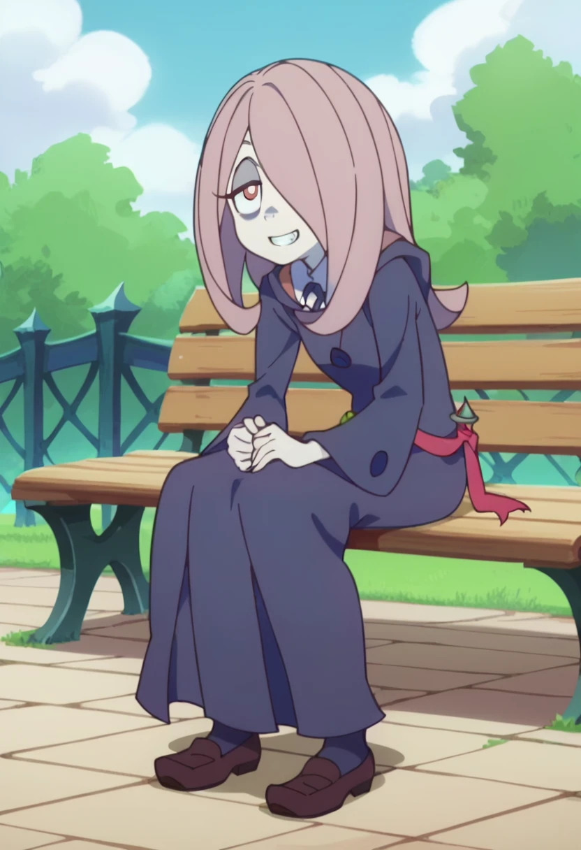 score_8_up, score_7_up, anime screencap, perfection, 1 girl, Sucy Manbavaran, solo, full body , sitting on bench, witch academy uniform, long skirt, smiling, teeth ,flat chest, outdoors, witch academy,