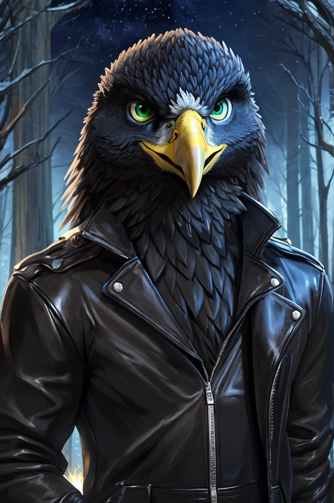 posando, mascle, 30 years old, evil smile, black leather jacket, anthropo, eagle (black fur:1.5), eagle, forest background at night, 8k, hope but, (best qualityer, work of art), Bright green eyes, (eagle tail:1.5), skin detailed
