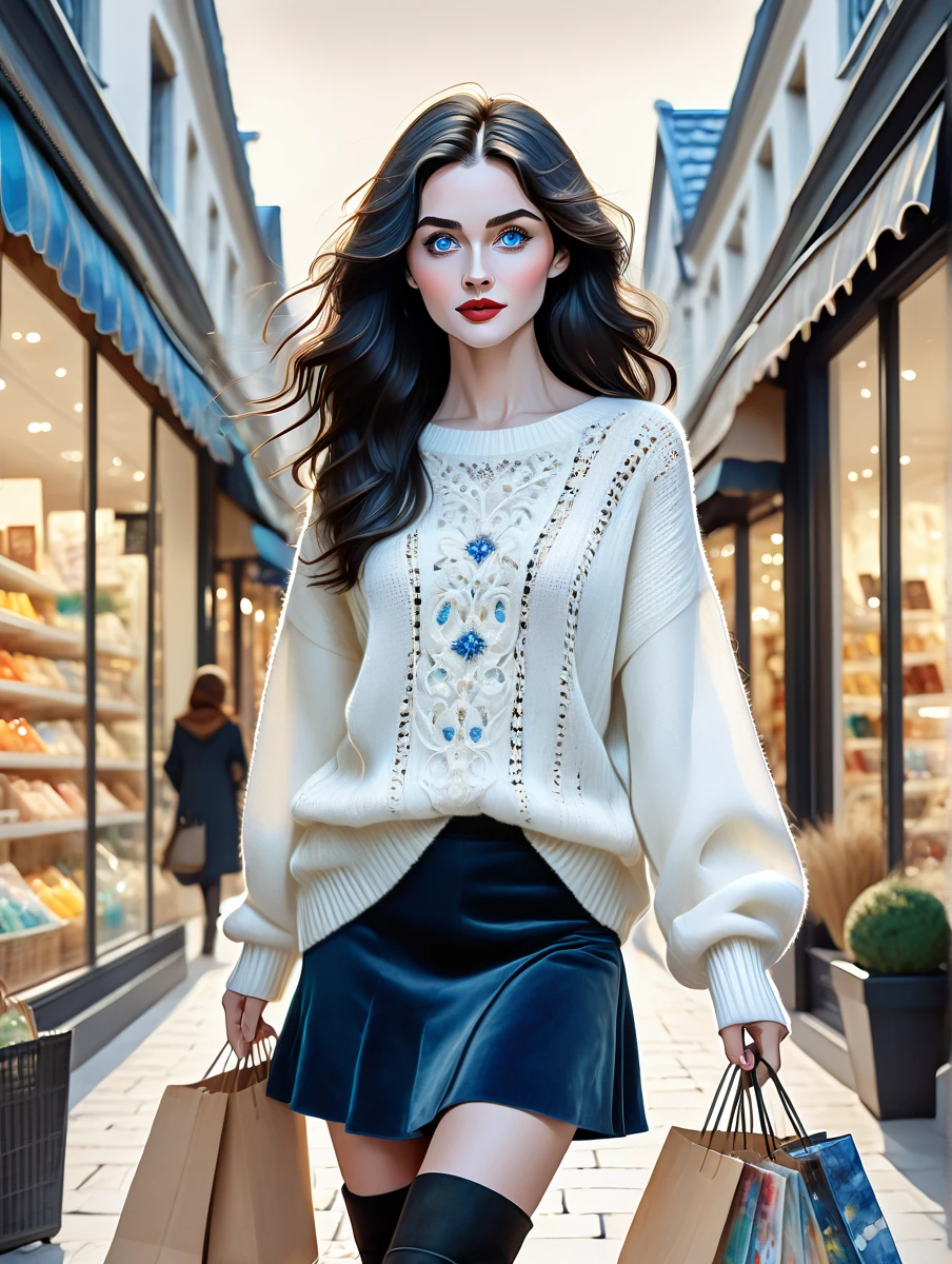  Masterpiece, best quality, solo depiction of a woman with black wavy hair and blue eyes, looking directly at the viewer. She is wearing a white sweater paired with a black skirt and long black boots. The scene is portrayed as a watercolor illustration in a cartoon style. She is actively shopping, surrounded by various stores and shopping bags, creating a lively and dynamic atmosphere.