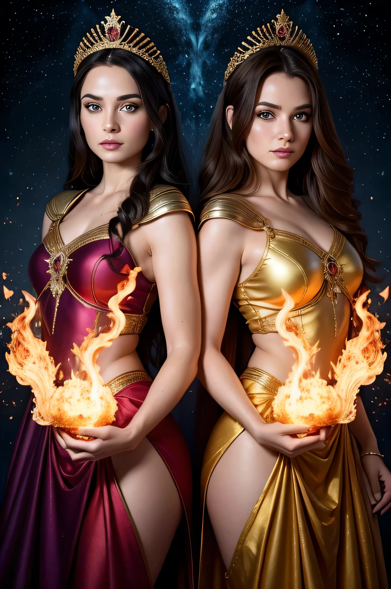 (masterpiece, best quality:1.5), highest quality, High resolution, super detailed, Realists, Full body photo of 18-year-old Starfire from Titans, detailed and beautiful green eyes, beautiful detailed lips, very detailed eyes and face, longeyelashes, additional eyebrows in the forehead area, Beautiful and colorful makeup, Fighting Pose, dark red hair, slightly orange skin, bright daylight, bright colors, fine brushstrokes, Portrait style, beautiful color palette, glowing skin, First-class rendering, that captures every detail, enchanting atmosphere, (perfect anatomy:1.2), (The two stunning Starfire wear a green top with shoulder plate, golden skirt and dark blue overknee boots.Animated series Teenans 2003, green star fire flies through the air, Energy shines in her hands. She smiles with joy Panoramic view:1.2)