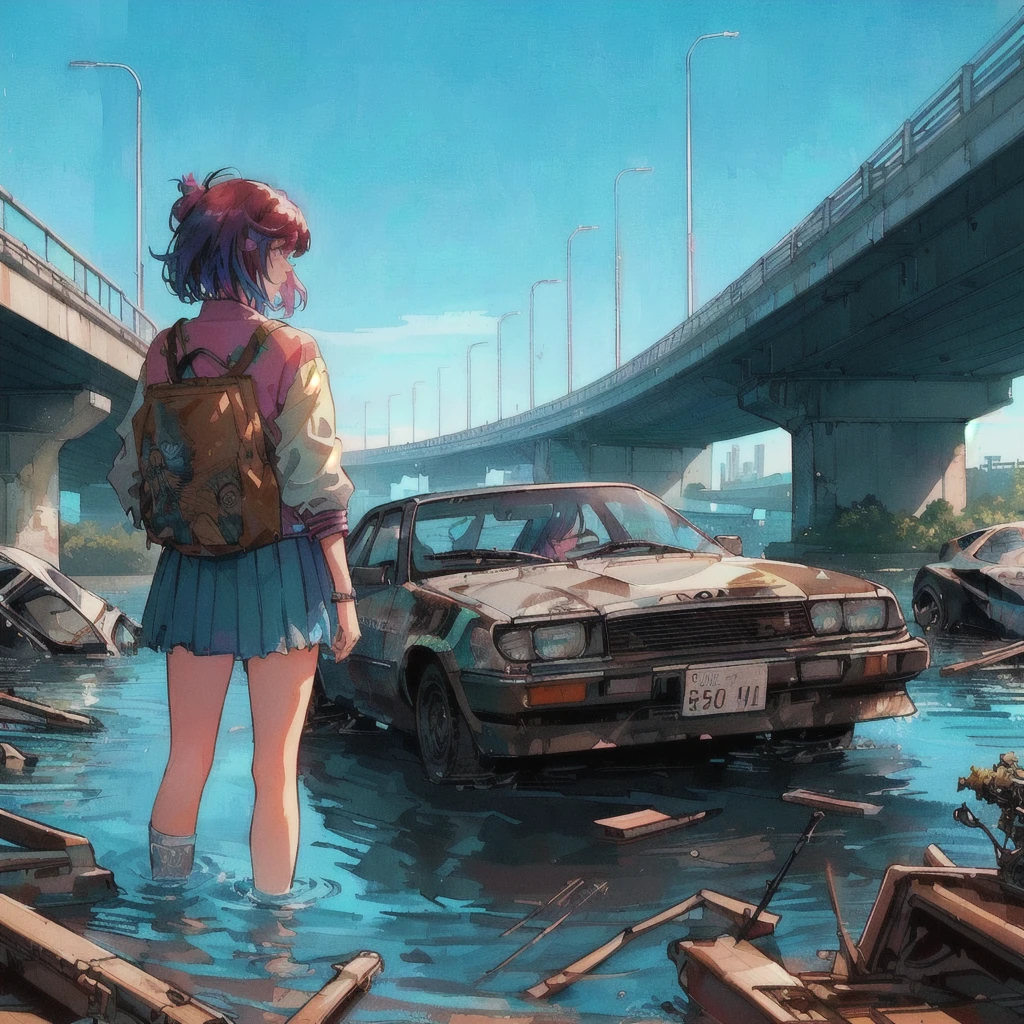 There is a car and a woman in the water, Liam Wong, Alena Aenami and Android Jones, style of alena aenami, Spectacular retrowave art, Makoto Shinkai Cyril Rolland, Rob Ray and Kentaro Miura Style, 80s anime style,Art by Alena Aenami, inspired Liam Wong