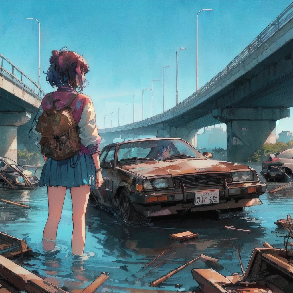 There is a car and a woman in the water, Liam Wong, Alena Aenami and Android Jones, style of alena aenami, Spectacular retrowave art, Makoto Shinkai Cyril Rolland, Rob Ray and Kentaro Miura Style, 80s anime style,Art by Alena Aenami, inspired Liam Wong