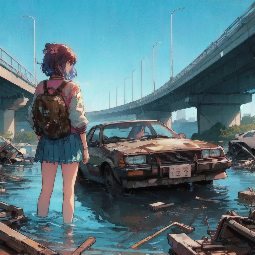 There is a car and a woman in the water, Liam Wong, Alena Aenami and Android Jones, style of alena aenami, Spectacular retrowave art, Makoto Shinkai Cyril Rolland, Rob Ray and Kentaro Miura Style, 80s anime style,Art by Alena Aenami, inspired Liam Wong