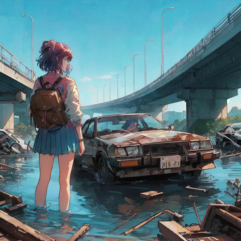 There is a car and a woman in the water, Liam Wong, Alena Aenami and Android Jones, style of alena aenami, Spectacular retrowave art, Makoto Shinkai Cyril Rolland, Rob Ray and Kentaro Miura Style, 80s anime style,Art by Alena Aenami, inspired Liam Wong