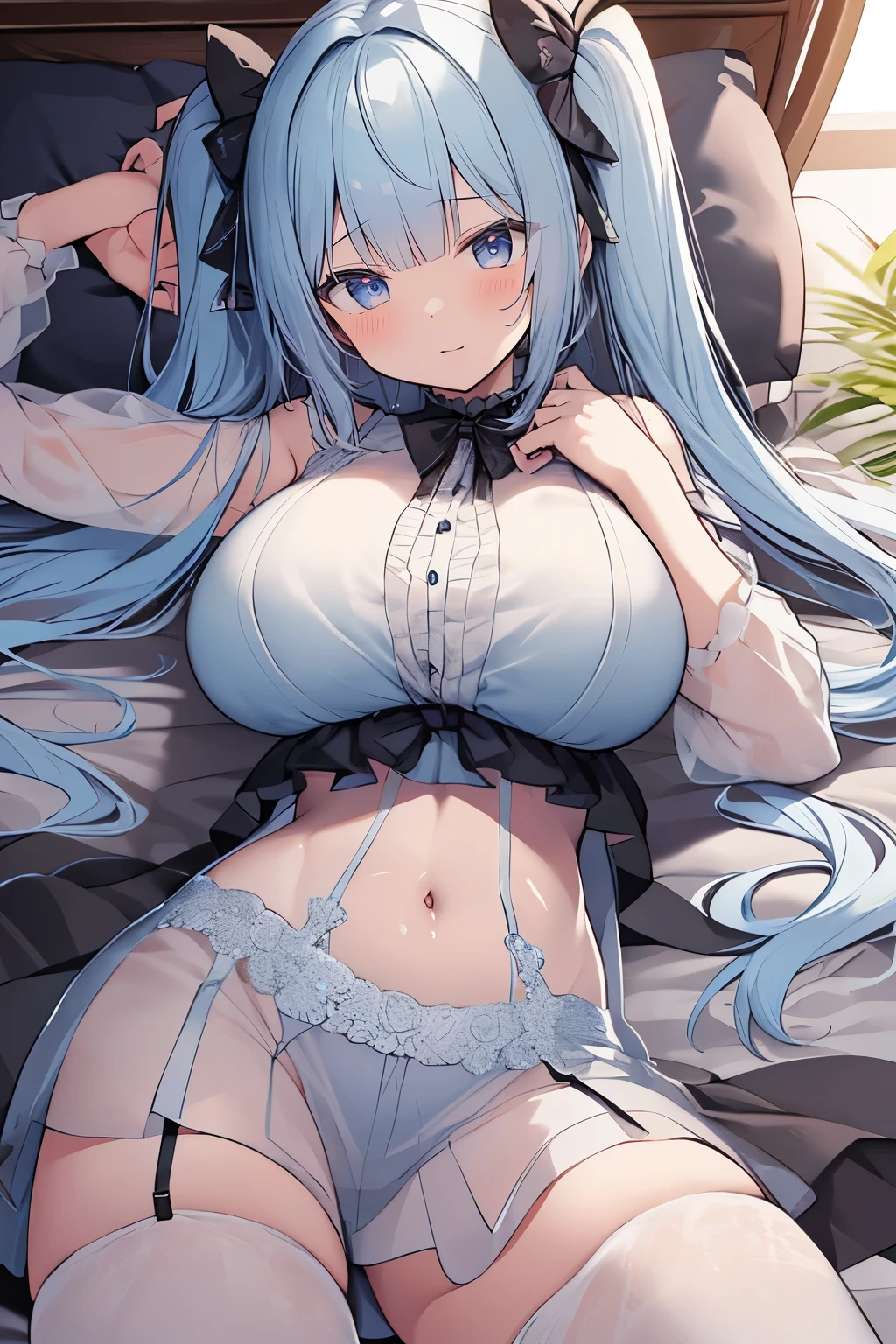 ((Mastepiece)), ((Best Quality)), (((Slender girl))), (Very detailed), ((cute)), ((Very detailedな顔)), 4K, (8k), Highest quality, (beautiful), ((Huge breasts)), ((Big Breasts)),((Light blue long twin tails)), (((Lace Lingerie，See-through))), ((Lace Stockings))，(((Lying in bed)))，((Perfect body))，blush、Captivating body,((Spread your legs))