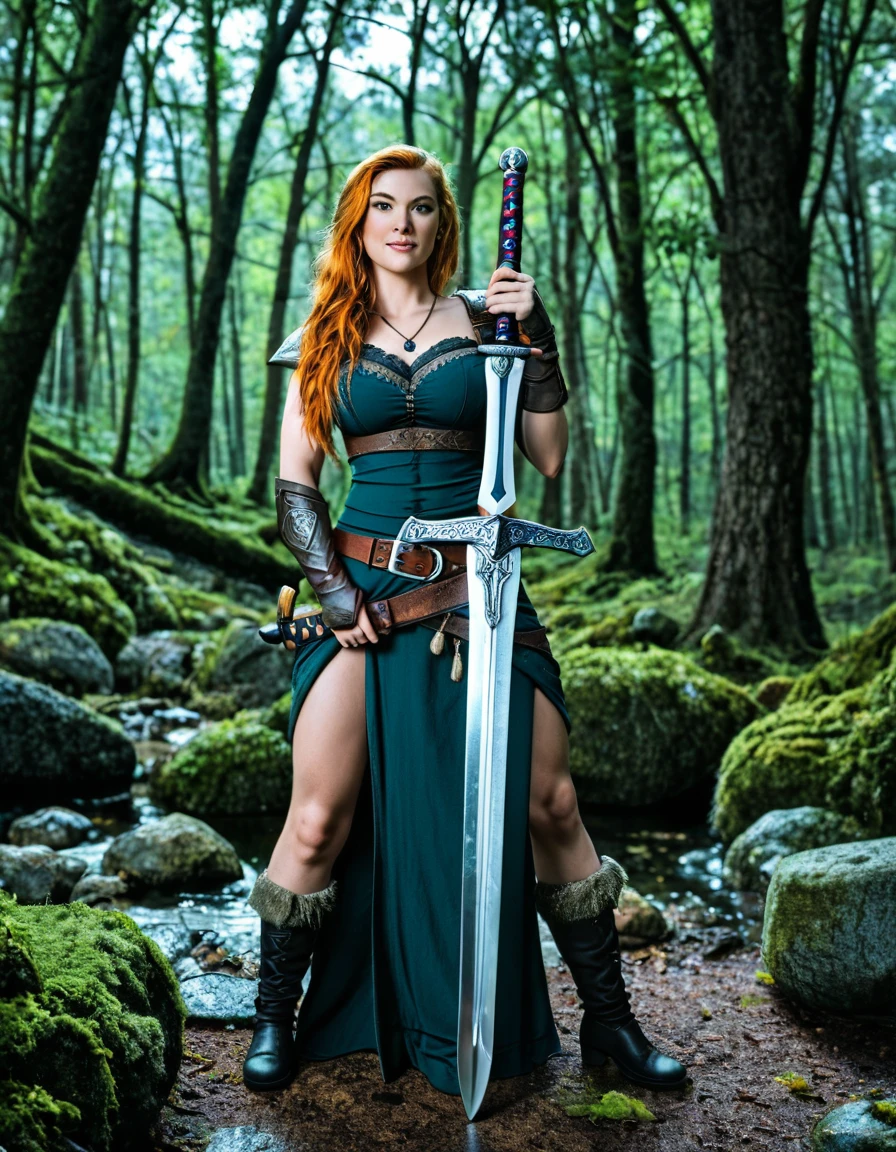 the sword Excalibur viking uthbert sword in stone ivy moss rock forest dark night
