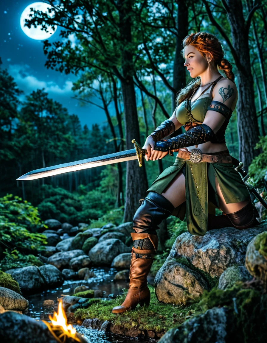 the sword Excalibur viking uthbert sword in stone ivy moss rock forest dark night