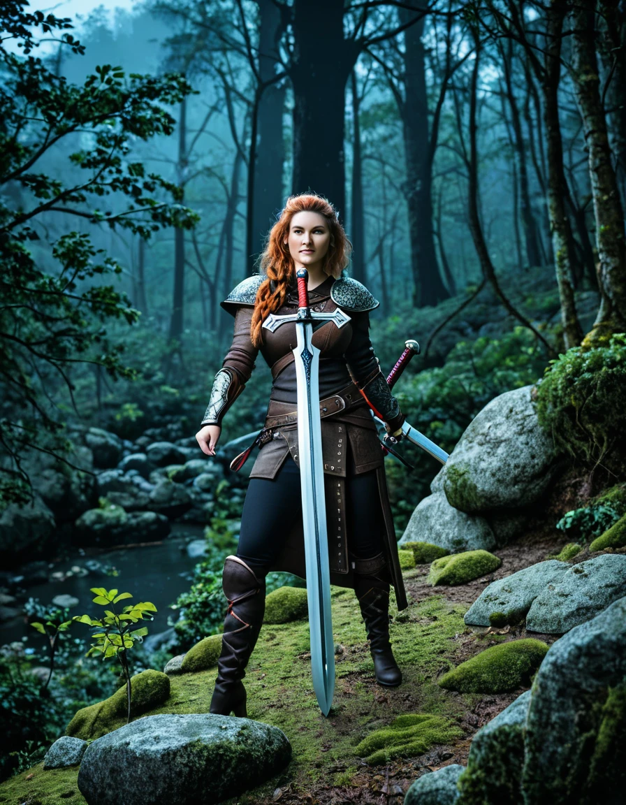 the sword Excalibur viking uthbert sword in stone ivy moss rock forest dark night