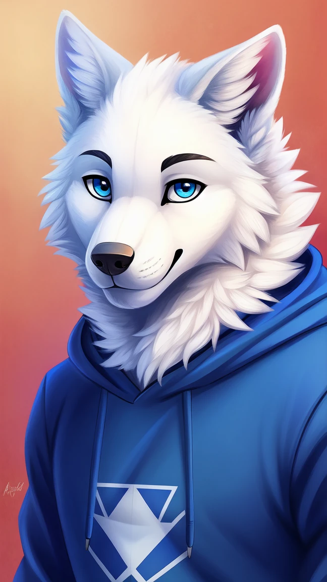 arafed image of a white samoyed dog with blue eyes and a hoodie, Anthro Art, an anthro wolf, fursona art, high resolution commission, furry art!!!, fursona arte peludo commission, furry fursona, very very beautiful furry art, furry wolf, anthro portrait, fursona commission, furry art, in a hoodie, full body view!!!!, Beautiful, male!, spongy!, head on