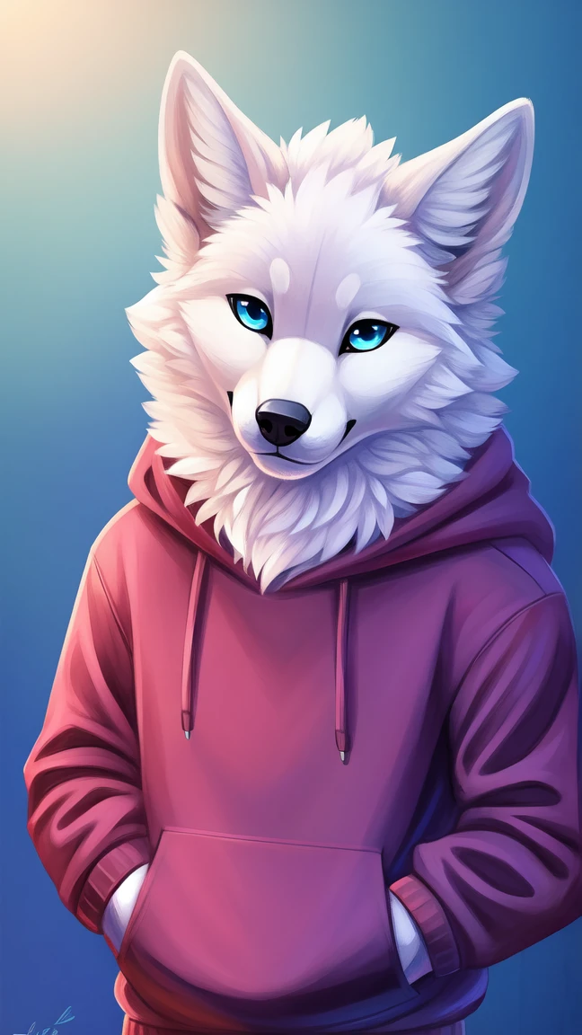arafed image of a white samoyed dog with blue eyes and a hoodie, Anthro Art, an anthro wolf, fursona art, high resolution commission, furry art!!!, fursona arte peludo commission, furry fursona, very very beautiful furry art, furry wolf, anthro portrait, fursona commission, furry art, in a hoodie, full body view!!!!, Beautiful, male!, spongy!, head on