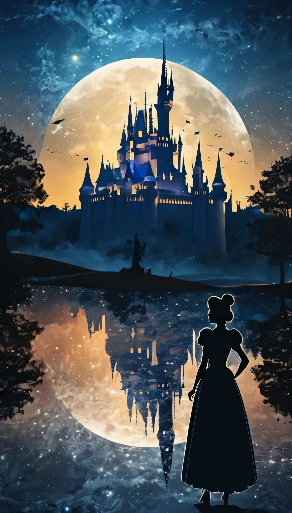 (8k, Highest quality, masterpiece)，Double Exposure, silhouette, one princess, One Knight, Face to face, Upper body close-up, Moonlit Night, Cinderella Castle, Outdoor, Confession in the moonlight