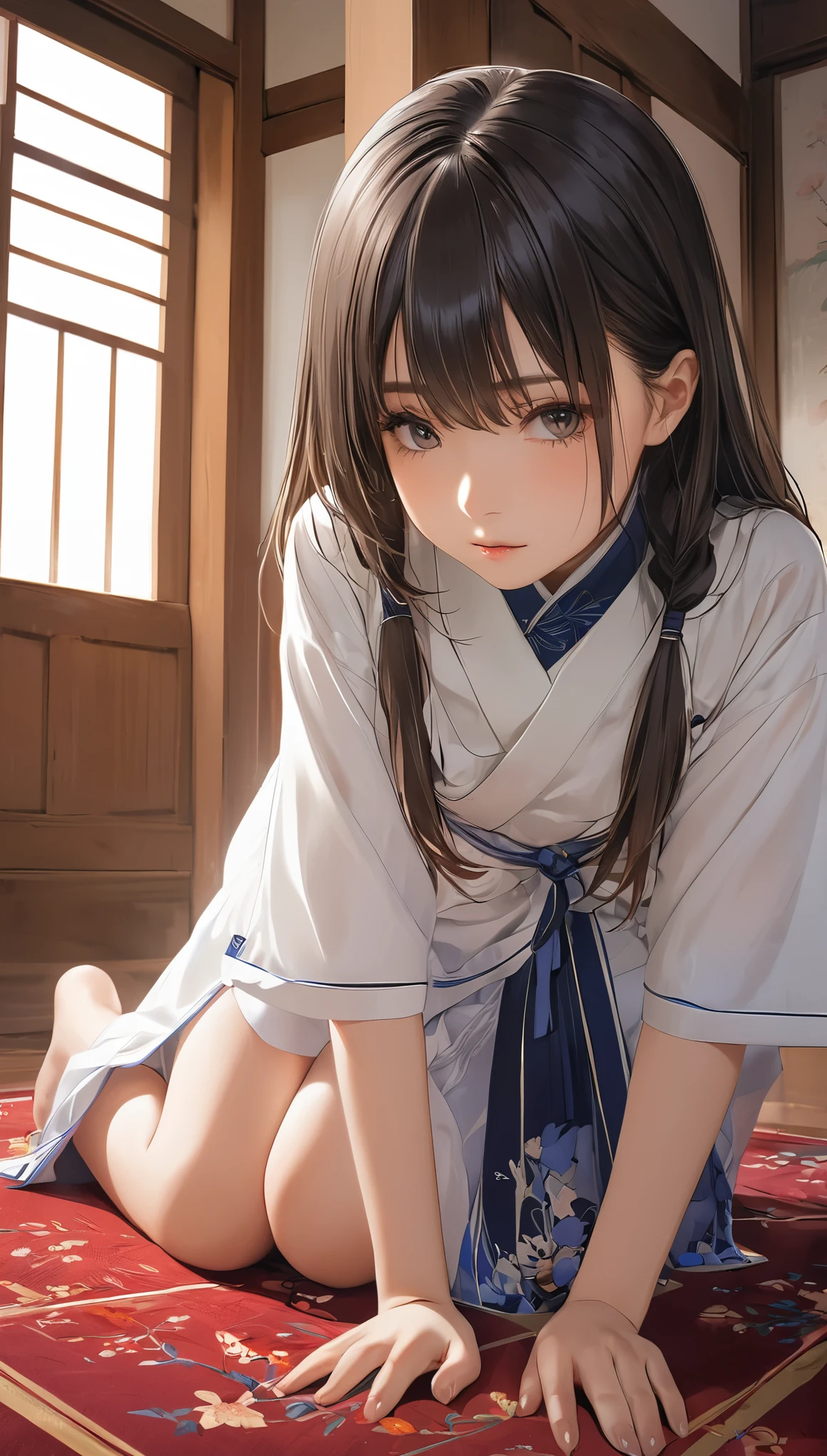 (masterpiece, Highest quality:1.2), One Girl, alone,Bony body、、Prostration、lower one's head、Prostration、From above、take a bow、seiza、On the floor、Rest your forehead on the floor、Lie down