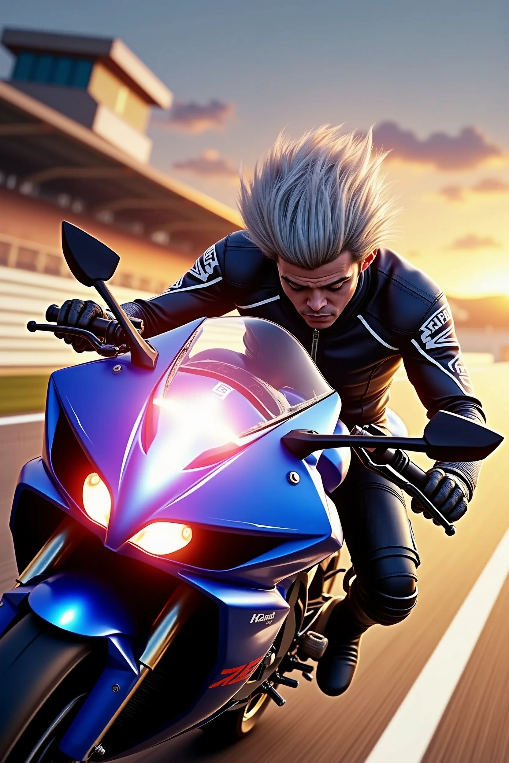 A thrilling shot captures a bold male biker, sans helmet, as he takes the Kawasaki R6 to its limits on a sun-kissed racetrack at sunset. Inspired by Hiroshi Honda's photorealistic style, the computer-generated image showcases the rider's confident pose, wind-tousled hair, and intense focus. The setting sun casts a warm orange glow, accentuating the bike's sleek design and the track's worn asphalt. A perfect blend of speed, freedom, and adventure, retina, accurate, masterpiece, super detail, high details, best quality, award winning, highres, HD, 4K, 8k, 16k, retina, accurate, masterpiece, anatomically correct, textured skin, super detail, high quality, award winning, highres, 8k, 16k