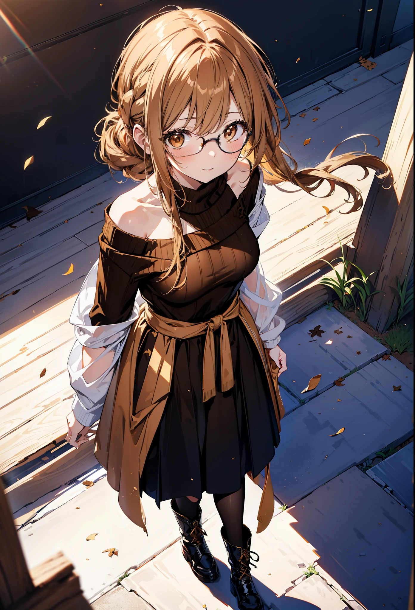 a sun ayuuki, a sun a yuuki, Brown Hair, (Brown eyes:1.8),smile,blush,Long braids,Black-rimmed glasses,Red one-shoulder sweater,Long skirt,Black pantyhose,short boots,Daytime,Clear skies,Walking,whole bodyがイラストに入るように,
break outdoors, Building district,
break looking at viewer, whole body,
break (masterpiece:1.2), Highest quality, High resolution, unity 8k wallpaper, (figure:0.8), (Beautiful attention to detail:1.6), Highly detailed face, Perfect lighting, Highly detailed CG, (Perfect hands, Perfect Anatomy),