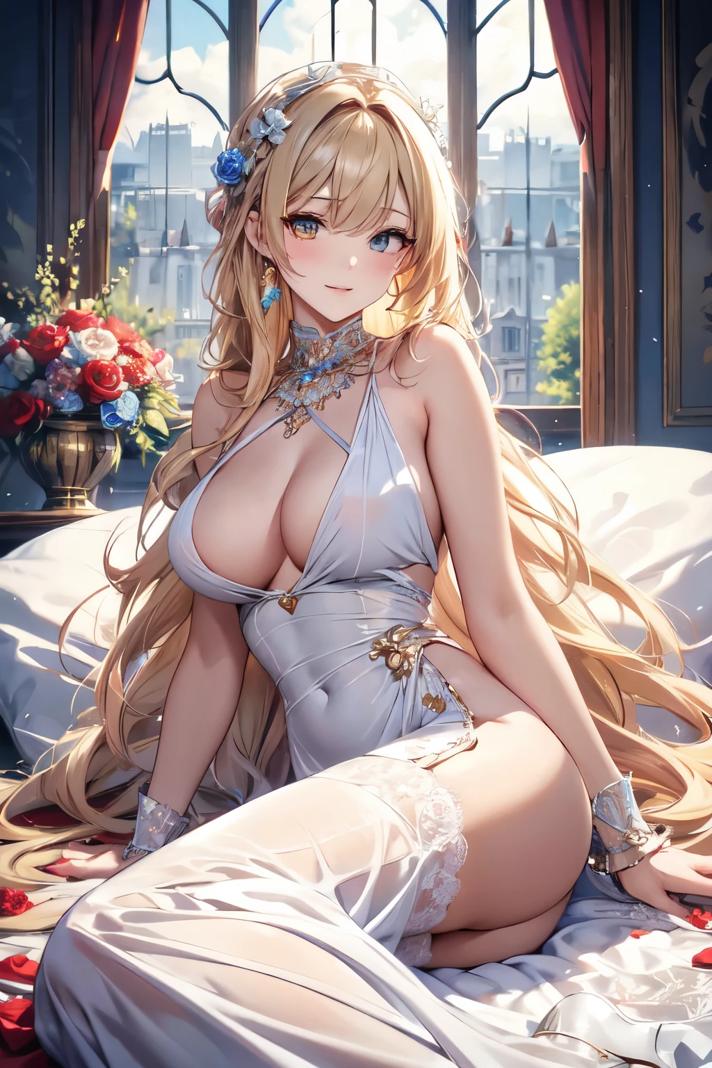 (masterpiece, Absurd quality, Official Art, beautiful and aesthetic:1.2), professional, Bright colors, Octane Rendering, Beautiful woman with long blonde hair, Curtain edge, Yellow eyes, lying on a bed of flowers, ((Lying down)), Looking at the sky, Beautiful flowing opaque white dress, goddess, Female pose, Full background, ((silk)), (Flowers, Rose), In-depth background, View from afar, glow, iridescent dress, Jewelry, window, Blue sky, cloud, castle, whole body, Soft lighting, 8K, best quality, best quality, ((Anatomically correct))