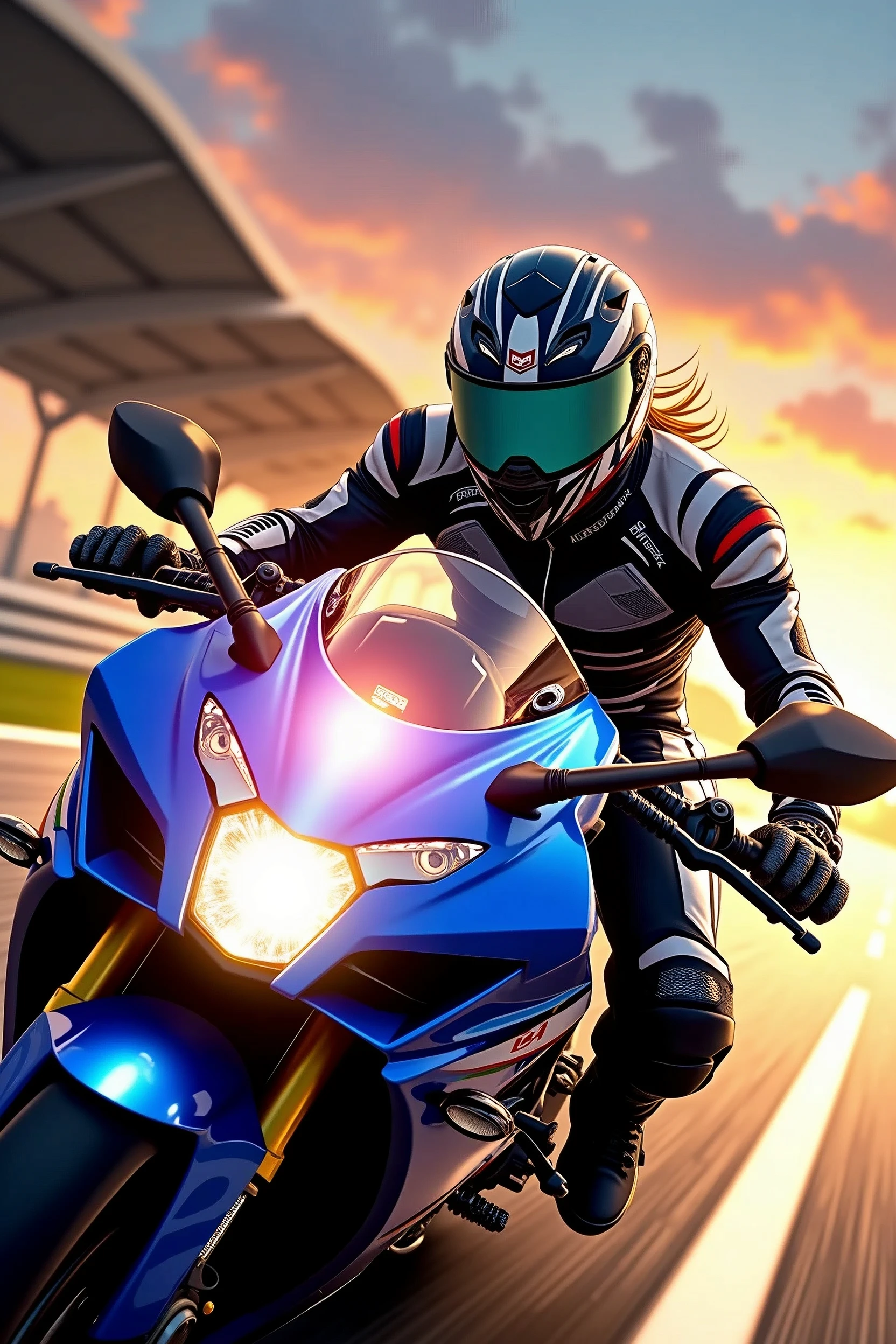 A thrilling shot captures a bold male biker, sans helmet, as he takes the Kawasaki R6 to its limits on a sun-kissed racetrack at sunset. Inspired by Hiroshi Honda's photorealistic style, the computer-generated image showcases the rider's confident pose, wind-tousled hair, and intense focus. The setting sun casts a warm orange glow, accentuating the bike's sleek design and the track's worn asphalt. A perfect blend of speed, freedom, and adventure.