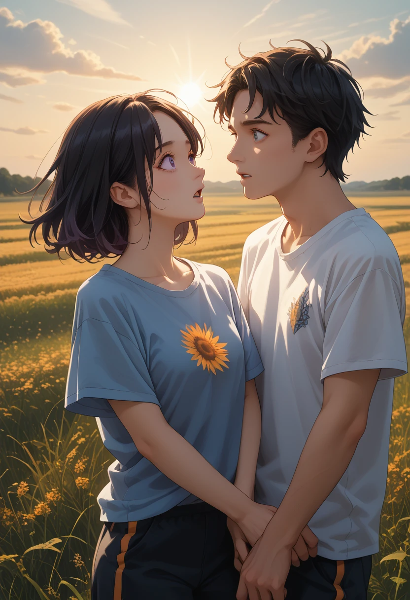 masterpiece, Best quality, {Best quality}, {{masterpiece}}, {a high resolution}, {{{field field}}, extremely detailed pair, illustration, pair, 1 boy, 1 girl with a great figure, pair, Love, Love, romantic, Sharp Focus, male focus, female focus, black hair, purple eyes, Sun, Sunlight, climb, surprised, orange sky, flowers, cinematic film still,score_9,score_8_up,score_7_up,masterpiece,best quality,8k,source_cartoon,source_アニメ, maximum details, full detailed, The shine of the whole picture, Feelings, Petals fly and circle around,