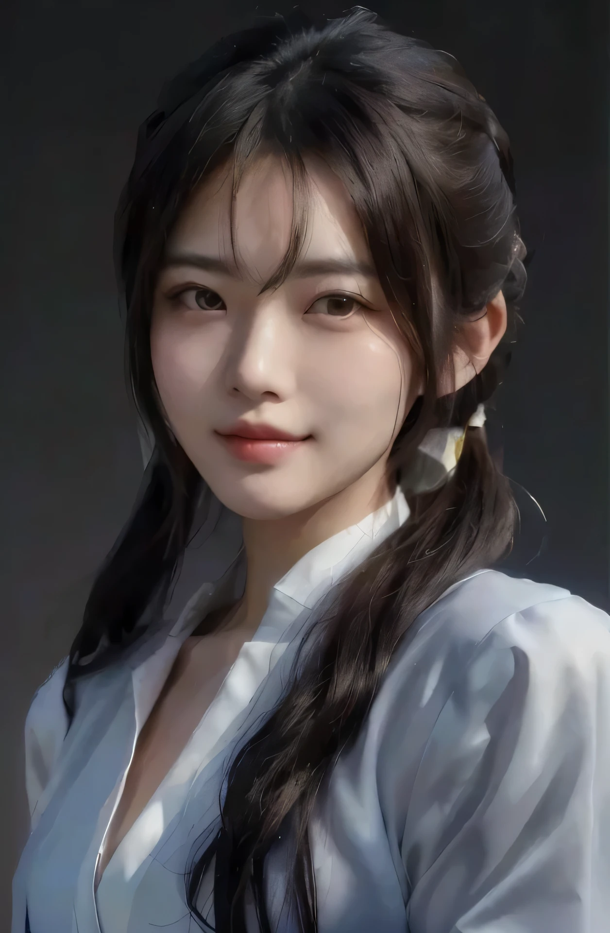 No bangs、Avoid shadows by shining light from the front、Has long hair and a white blouse２５Old Japanese woman、Face and body facing forward、The corners of the eyes are more droopy、Large Bust、Frontal portrait, proof applied from the front, no shadows, face not tilted, light make-up, slightly smiling expression, red and navy blue kimono, large breasts, hair up in front, arms down.、Long hair and white oneｐ－Close-up of a woman wearing a swimsuit, Photorealistic beautiful faces, Beautiful Asian Girl, Realistic portrait photography, High-quality portraits, Portrait of a beautiful Japanese 25 year old woman, Gorgeous digital painting, Beautiful portrait, Photorealistic anime girl rendering, Realistic drawing of a busty girl, Beautiful portrait photography, Realistic digital painting, Beautiful Asian Faces, Frontal face portrait
