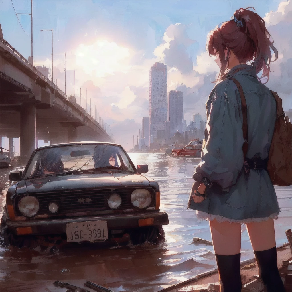 There is a car and a woman in the water, Liam Wong, Alena Aenami and Android Jones, style of alena aenami, Spectacular retrowave art, Makoto Shinkai Cyril Rolland, Rob Ray and Kentaro Miura Style, 80s anime style,Art by Alena Aenami, inspired Liam Wong