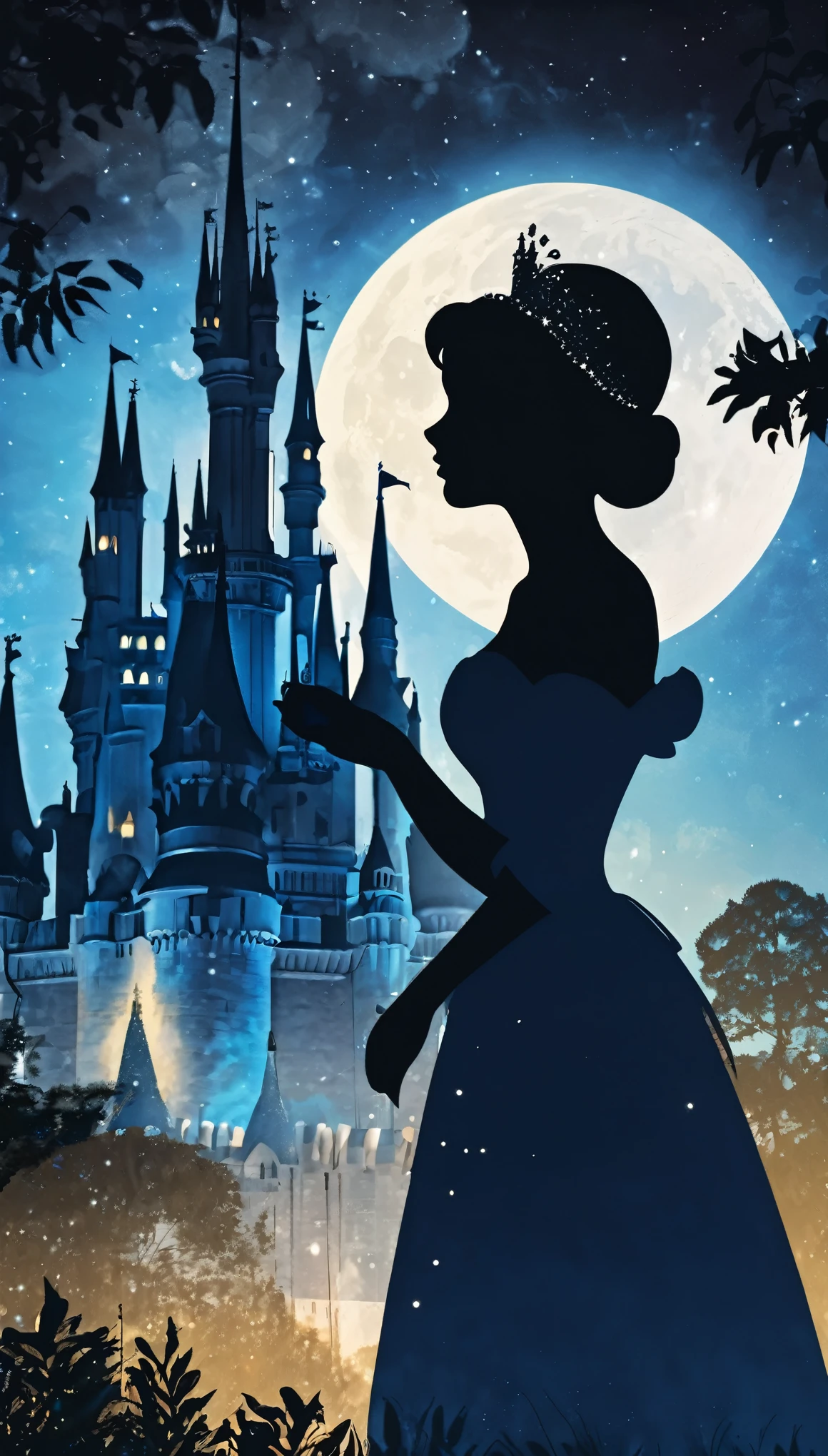 (8k, Highest quality, masterpiece)，Double Exposure, silhouette, one princess, One Knight, Face to face, Upper body close-up, Moonlit Night, Cinderella Castle, Outdoor, Confession in the moonlight