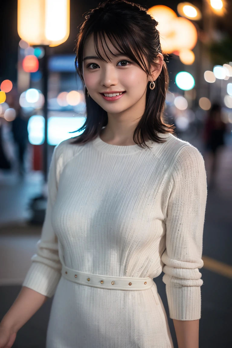 Summer style、17-year-old woman、realisitic、Live action、Fantastical、a miniskirt、Pick up the hem of the miniskirt to expose the pants、Close to face、Looking at the camera、Happy smile、The background is bokeh、Orange sunset