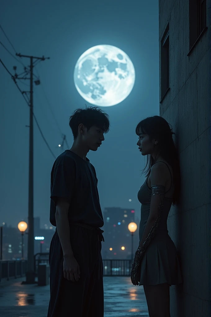 masterpiece, Highest image quality, photo realistic, Raw photo, full body photo, (night, giant Moon in the sky :1.4, Japaneses, in future Japan , young man and beautiful woman, man talk to woman under the building, man and woman facing each other, man hands touch the wall in the front across woman shoulder, man's hand on woman shoulder, bare body, machinery armor dress, whispered words, open eyes), many giant meteor strike on the ground, flying hair,